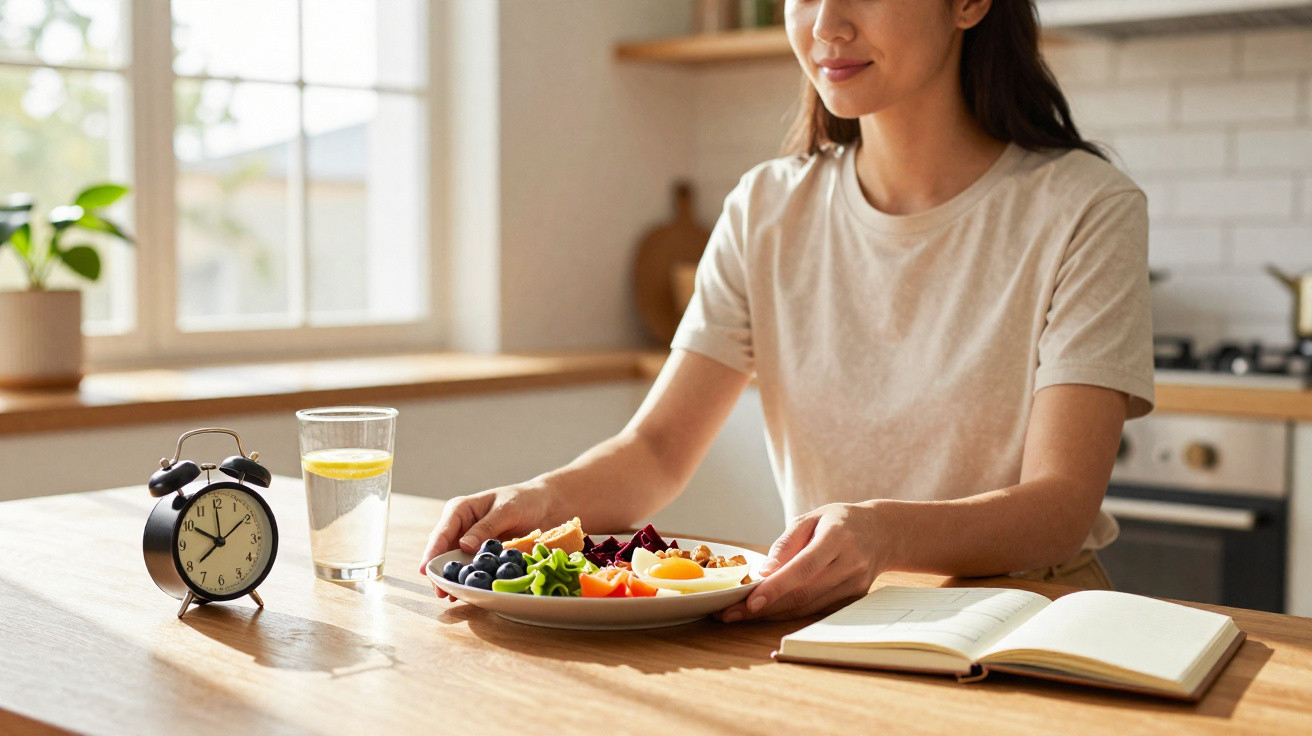 Pessoa numa cozinha a preparar prato saudável, relógio, copo de água e caderno sobre a mesa.