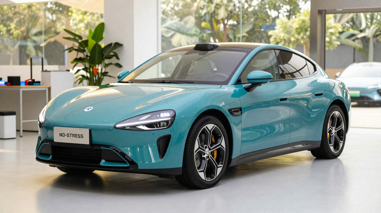 Automóvel elétrico azul turquesa, modelo moderno, estacionado em ambiente interior com vidro e plantas.