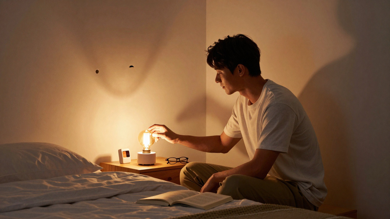 Pessoa sentada na cama a ligar uma lâmpada junto de um criado-mudo com óculos e livro aberto.