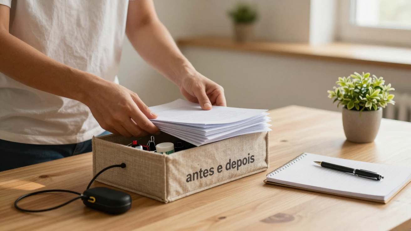 Pessoa a guardar papéis numa caixa com a frase "antes e depois" num ambiente de escritório.