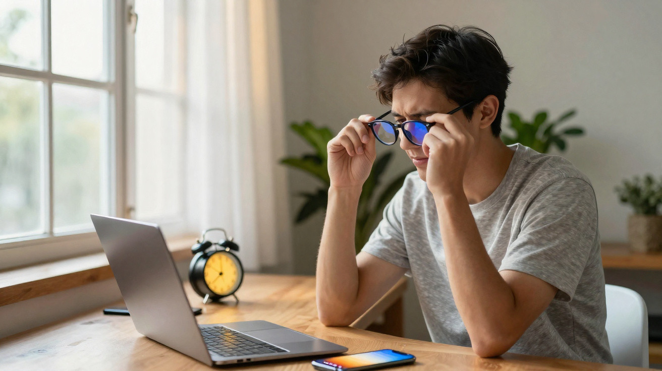 Jovem a ajustar os óculos enquanto olha para o ecrã do computador portátil numa mesa junto à janela.