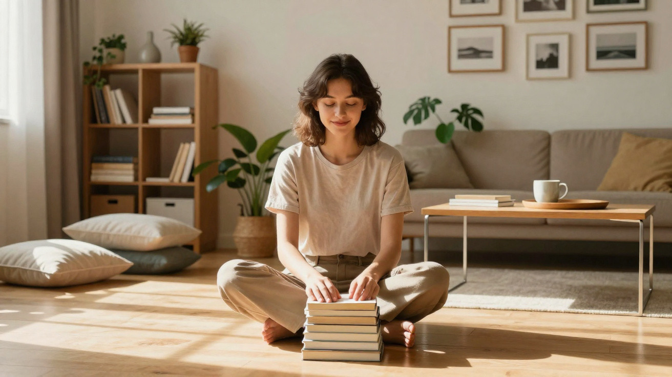 Mulher sentada no chão a organizar livros numa sala iluminada e decorada com plantas e almofadas.