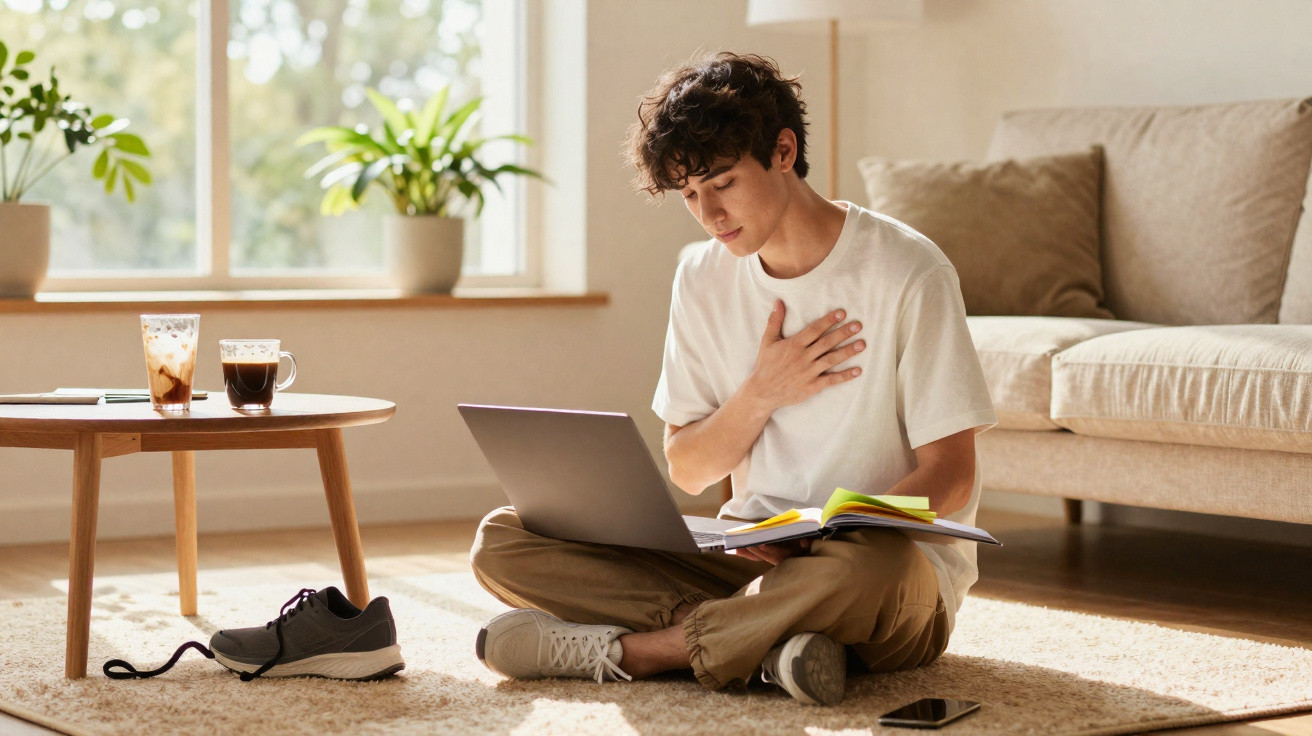 Jovem sentado no chão da sala com laptop e livros, mostrando desconforto ao tocar o peito.