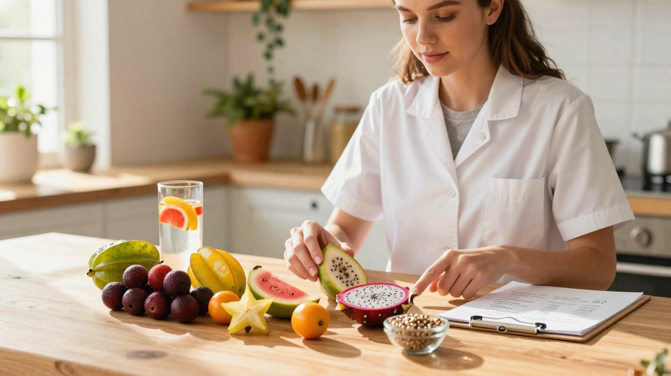 Mulher numa cozinha a examinar uma fruta exótica cortada ao meio, com várias frutas e legumes na mesa.