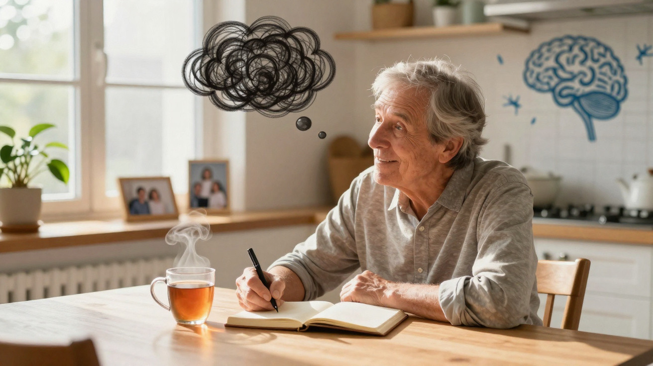 Homem idoso sentado, escrevendo num caderno com uma nuvem de confusão mental acima da cabeça.