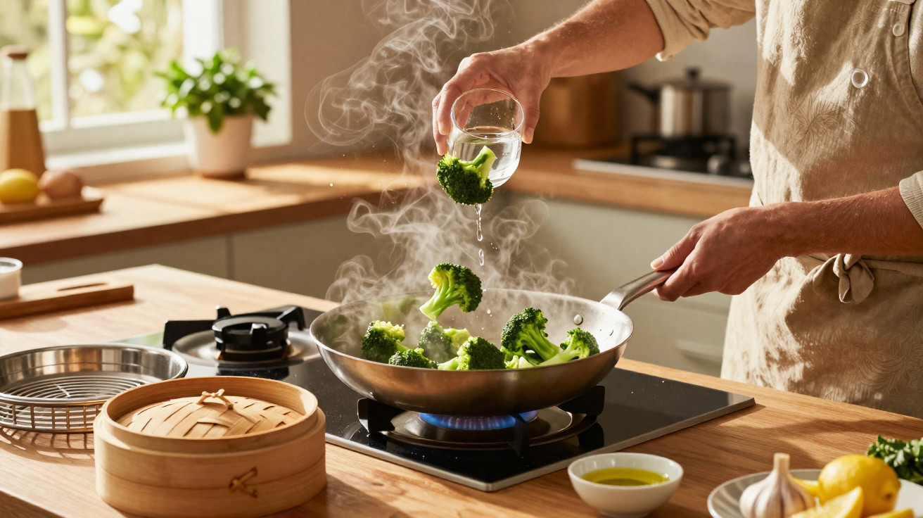 Pessoa a cozinhar brócolos numa frigideira ao lume numa cozinha moderna e luminosa.