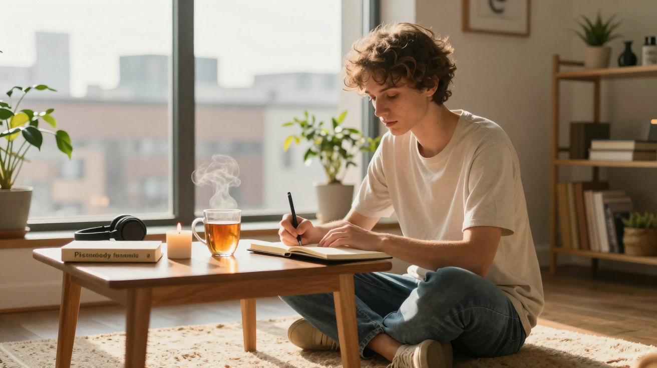 Jovem sentado no chão a escrever num caderno, com chá quente, vela acesa e livro numa mesa baixa à frente.