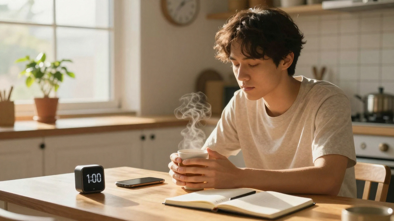 Jovem sentado à mesa na cozinha a segurar chá quente, com telemóvel, relógio digital e caderno à sua frente.