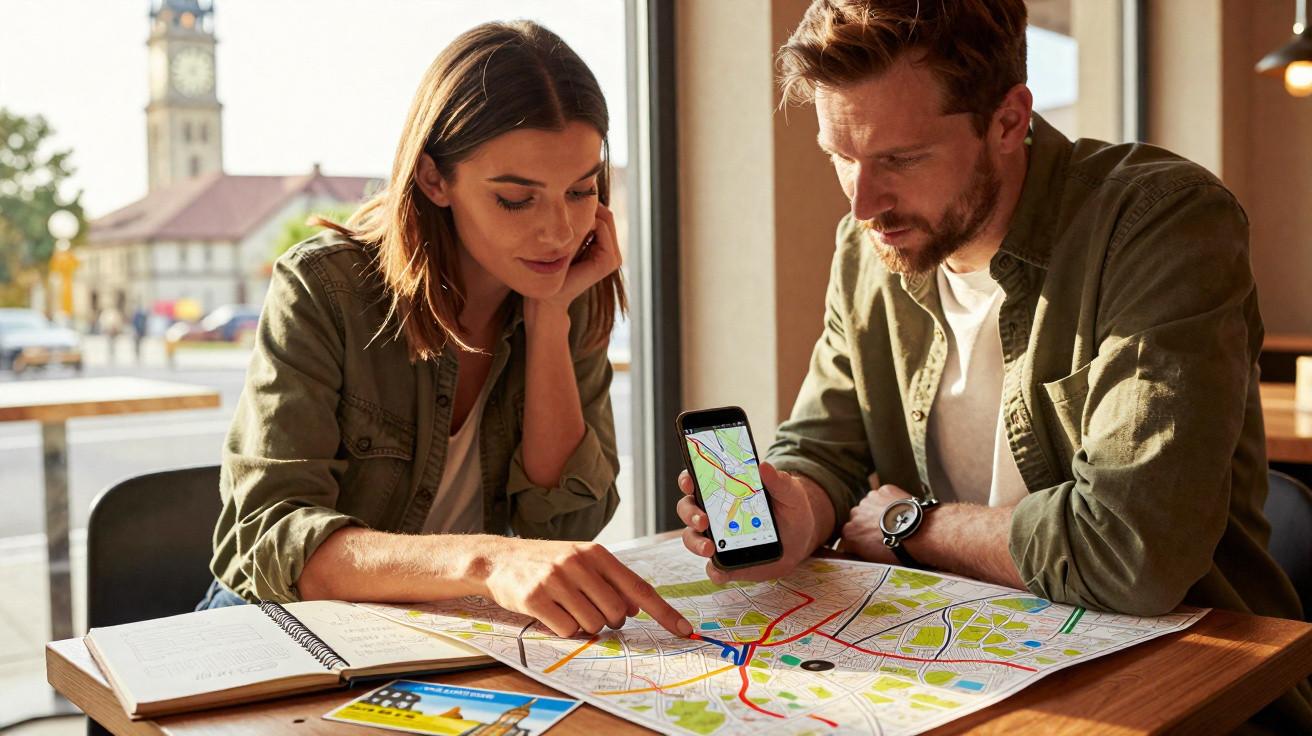 Casal consultando mapa físico e digital numa mesa de café, planeando rota de viagem.