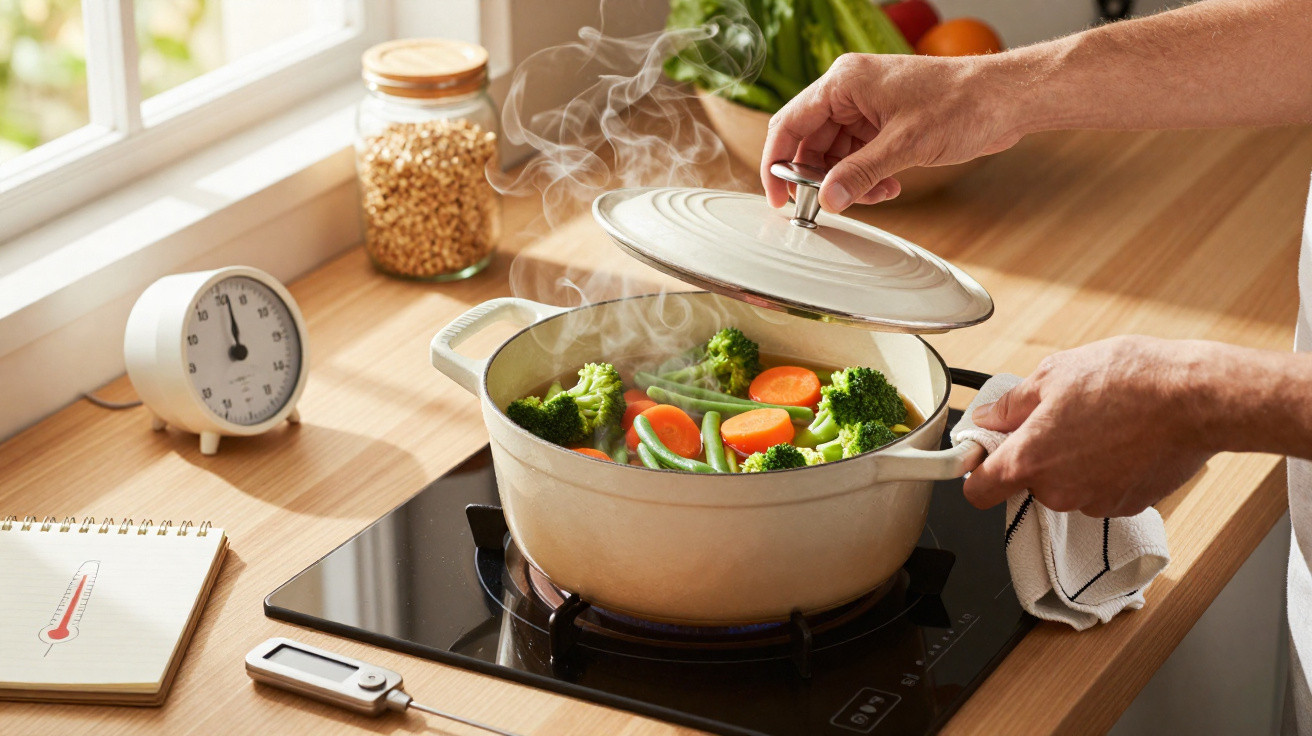 Mãos a levantar tampa de panela com legumes a cozinhar a vapor em fogão na cozinha iluminada.