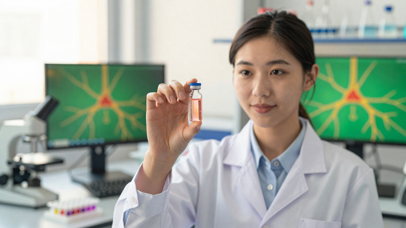 Cientista em laboratório segurando um frasco com líquido rosa, com microscópio e ecrãs ao fundo.