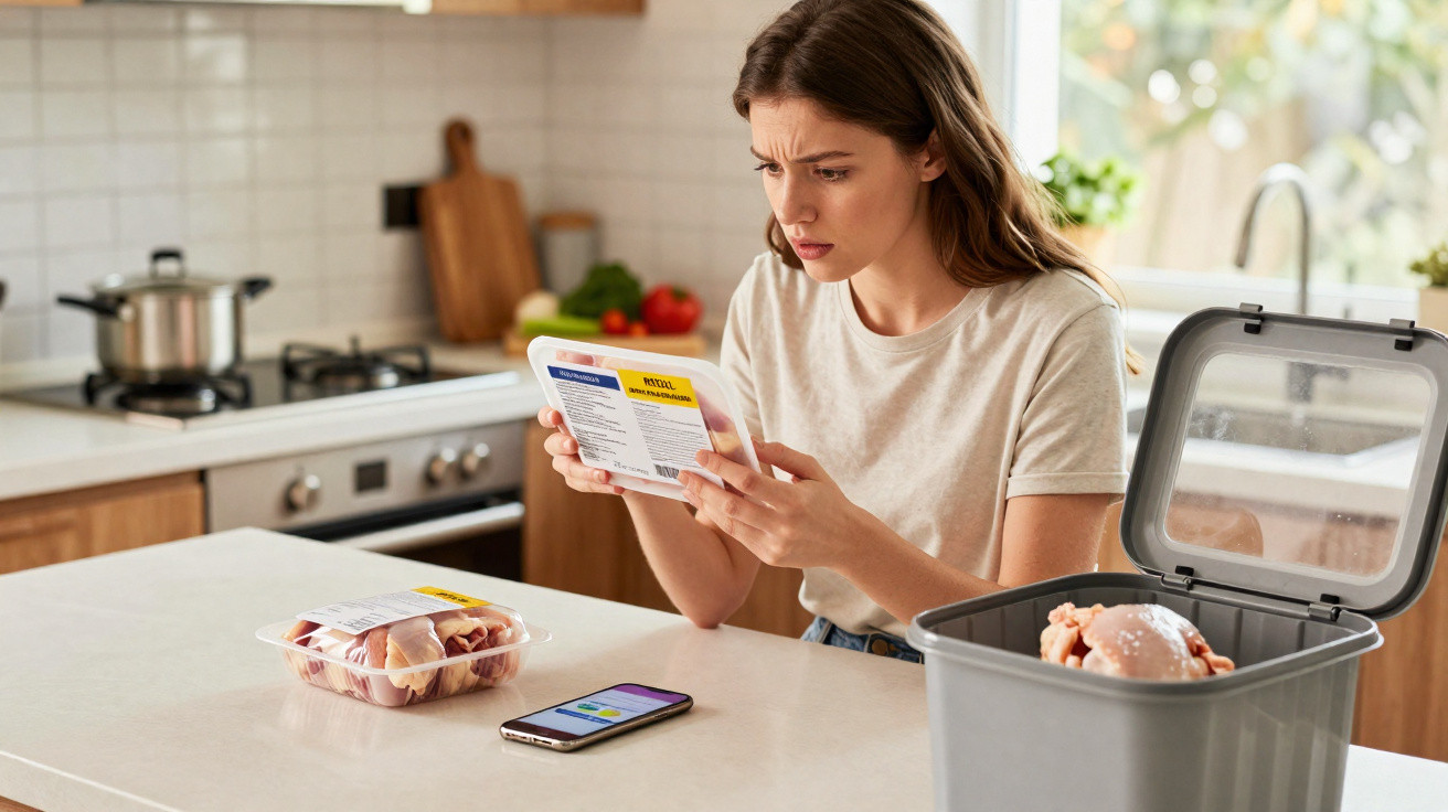 Mulher na cozinha lê rótulo de embalagem de carne com expressão preocupada, perto de contentor de lixo e telemóvel.