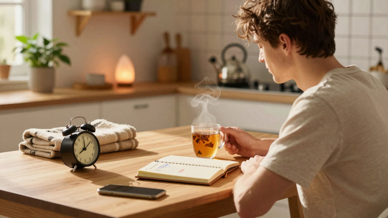 Jovem sentado numa mesa de cozinha com chá quente, um caderno aberto, telemóvel, toalhas e um despertador.