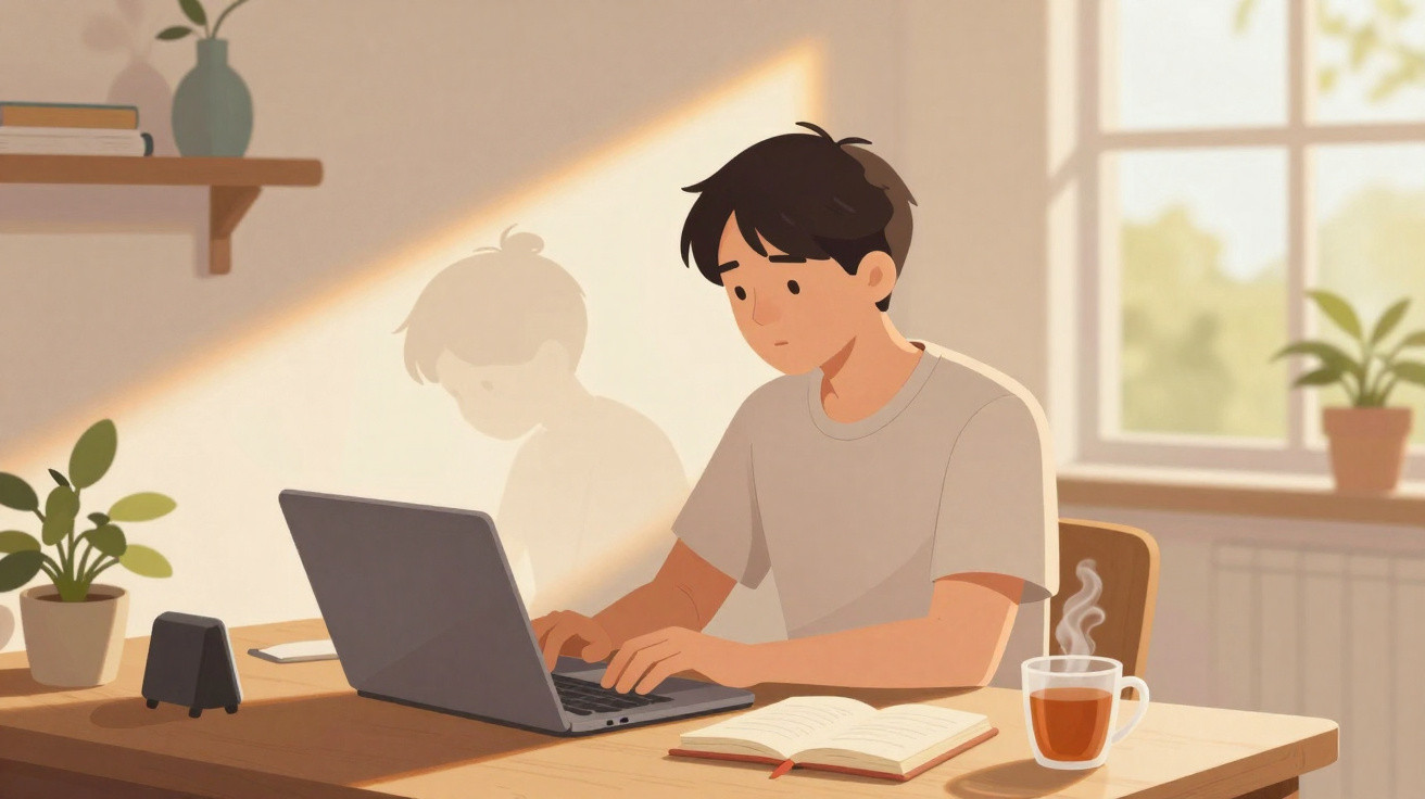 Jovem sentado a trabalhar num computador portátil numa mesa com chá e livro, numa sala iluminada pela janela.