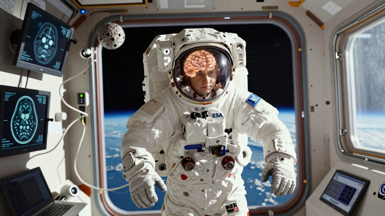 Astronauta em fato espacial flutua no espaço com planeta visível ao fundo e cérebro animado dentro do capacete.