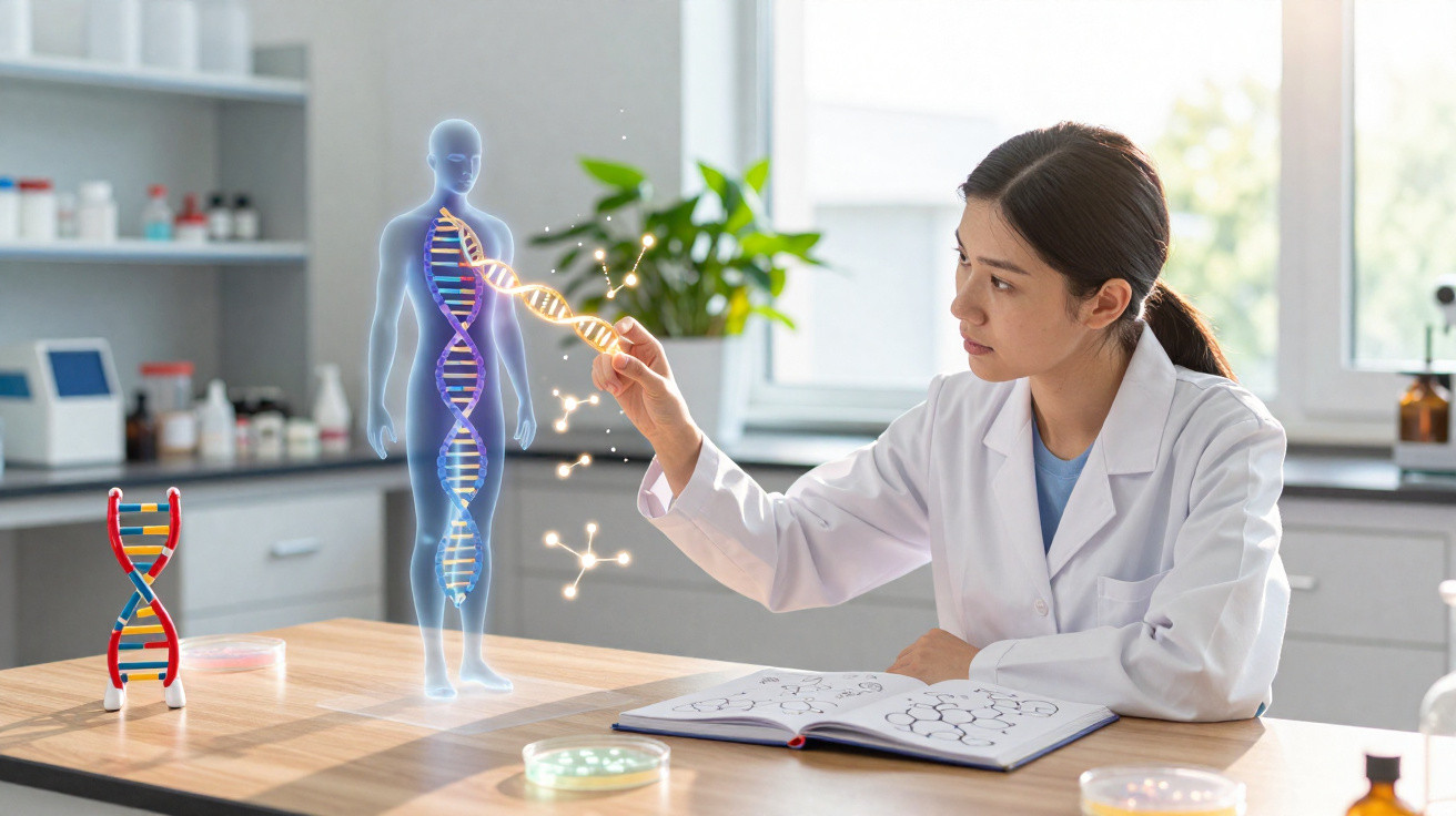 Mulher cientista em laboratório interage com projeção holográfica de DNA e corpo humano.