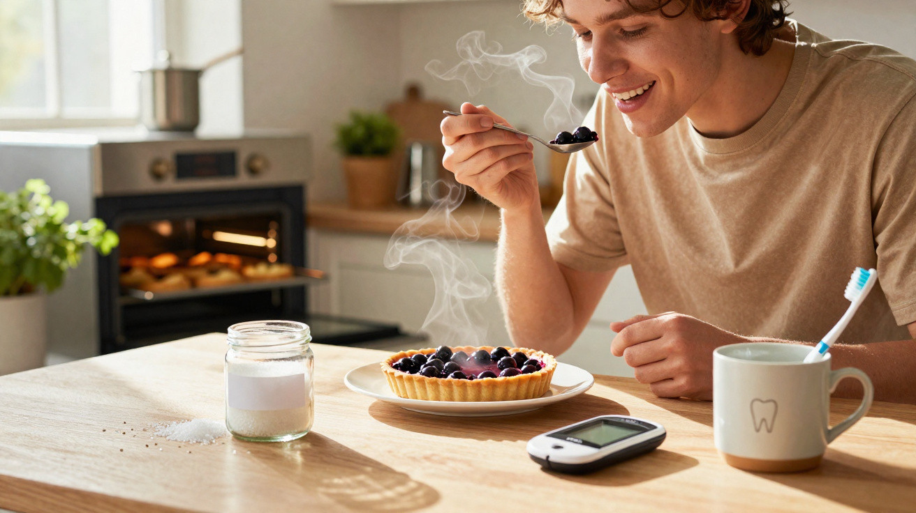 Jovem a sorrir enquanto come tarte de frutos vermelhos quente na cozinha, com medidor de glicose e escova de dentes.