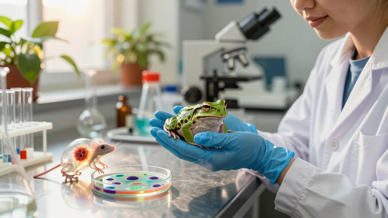 Cientista com bata branca e luvas azuis segurando um sapo verde num laboratório com equipamento científico.