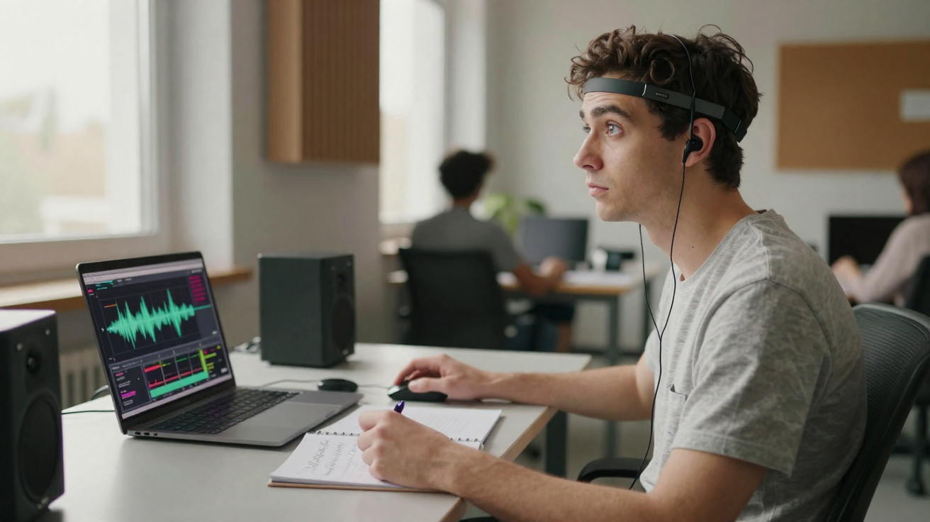 Jovem com auscultadores e dispositivo EEG a analisar dados num computador portátil numa sala de trabalho.