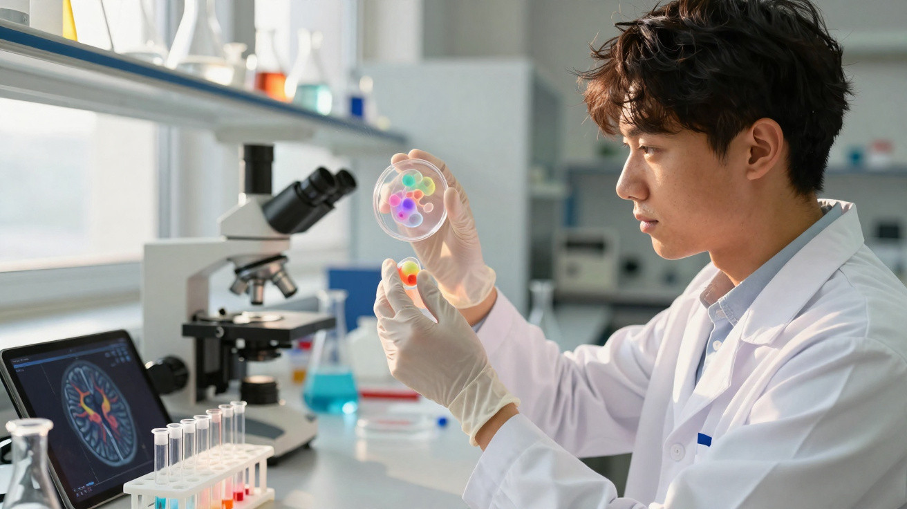 Cientista a analisar amostras coloridas numa placa de Petri num laboratório moderno com microscópio.