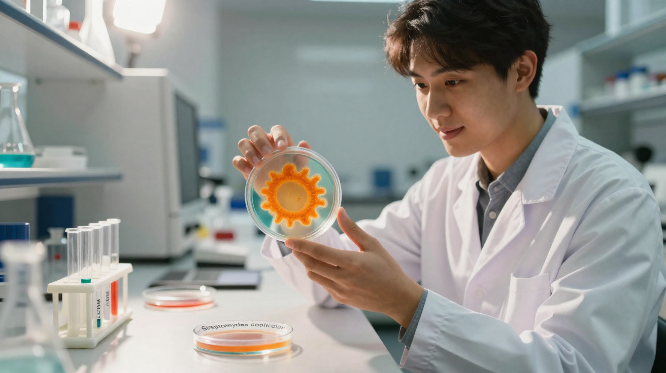 Cientista analisa cultura de bactérias laranja em placa de Petri num laboratório moderno.