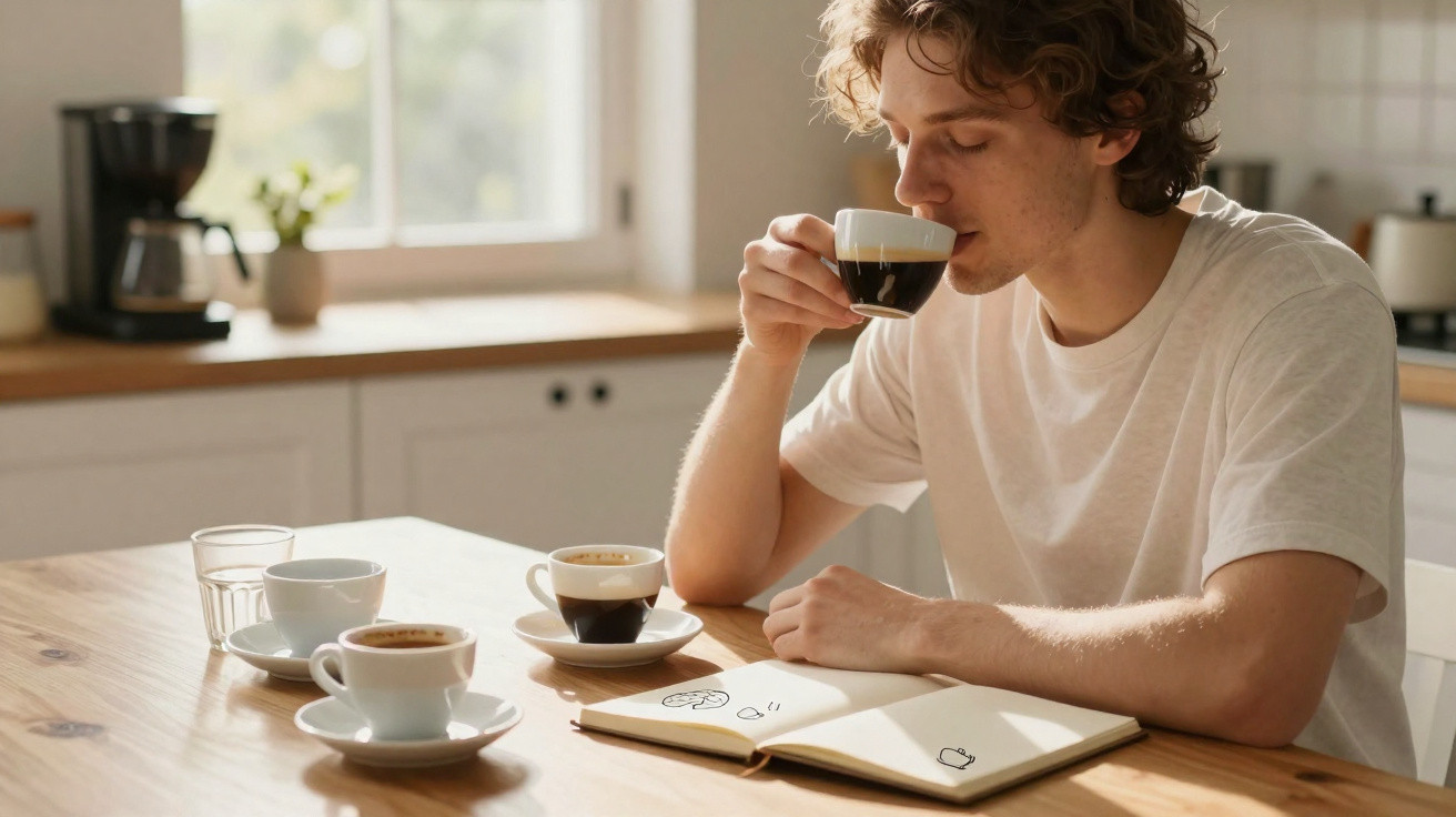 Homem sentado numa cozinha a beber café enquanto olha para um caderno aberto sobre a mesa.