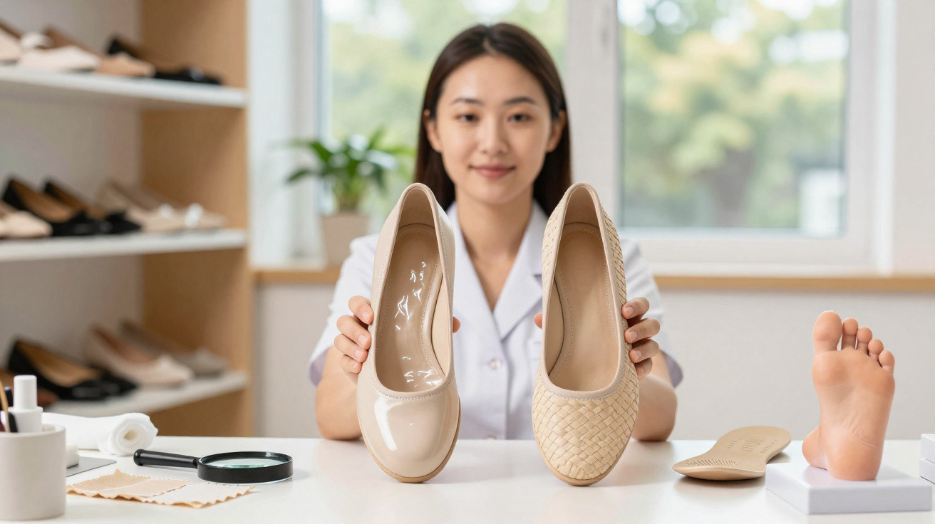 Mulher a apresentar dois sapatos femininos bege numa loja rodeada por artigos de podologia.