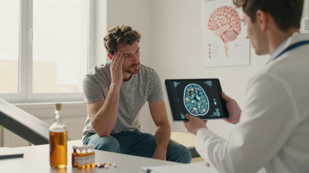 Homem preocupada consulta médico que mostra imagem cerebral num tablet numa clínica médica.