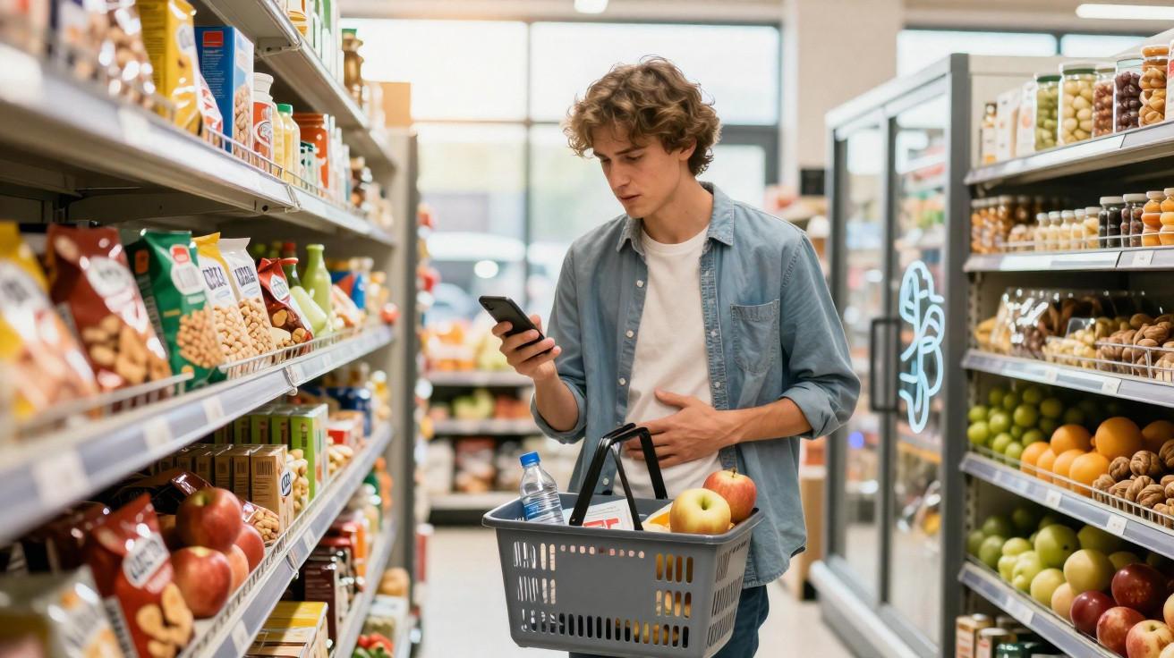 Jovem com cesto de compras no supermercado a verificar o smartphone entre prateleiras de produtos variados.