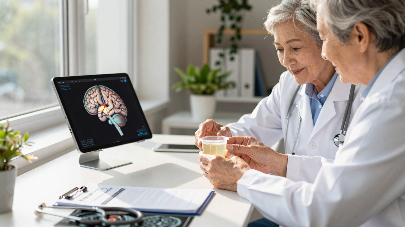 Duas médicas idosas analisam exame enquanto mulher segura copo de medicação num consultório iluminado.
