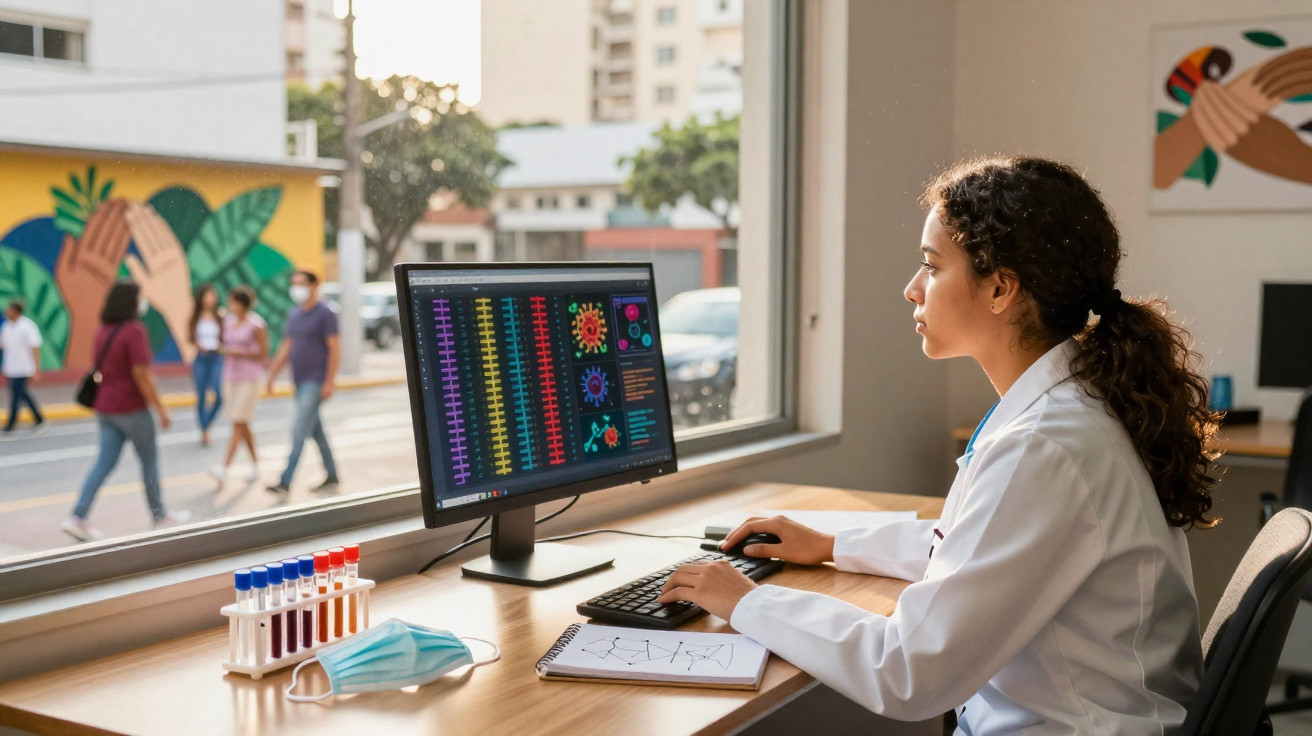 Cientista analisa dados genéticos no computador perto de janela com vista para rua movimentada.