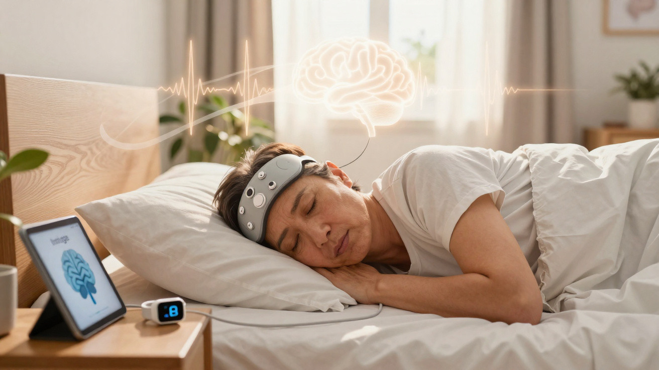 Homem a dormir com dispositivo de monitorização cerebral na cabeça, informação mostrada em tablet ao lado da cama.