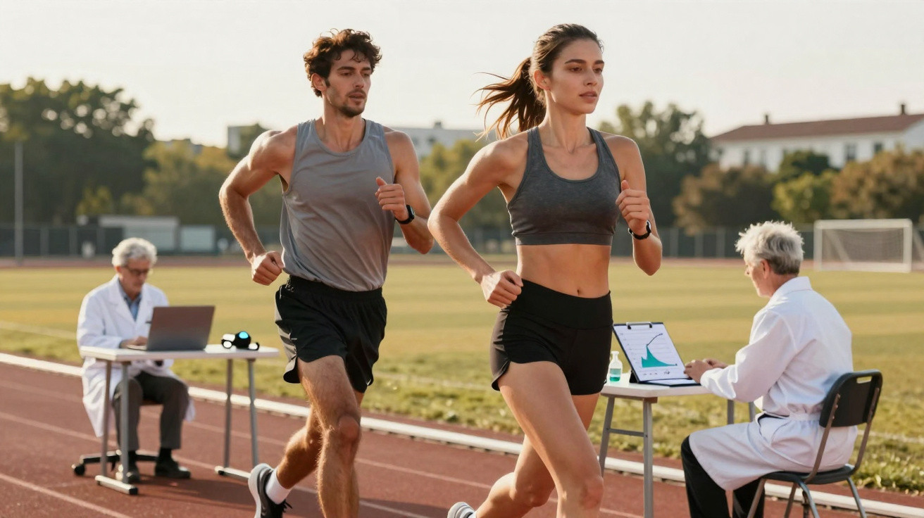 Dois atletas a correr numa pista enquanto dois investigadores registam dados sentados em secretárias ao lado.