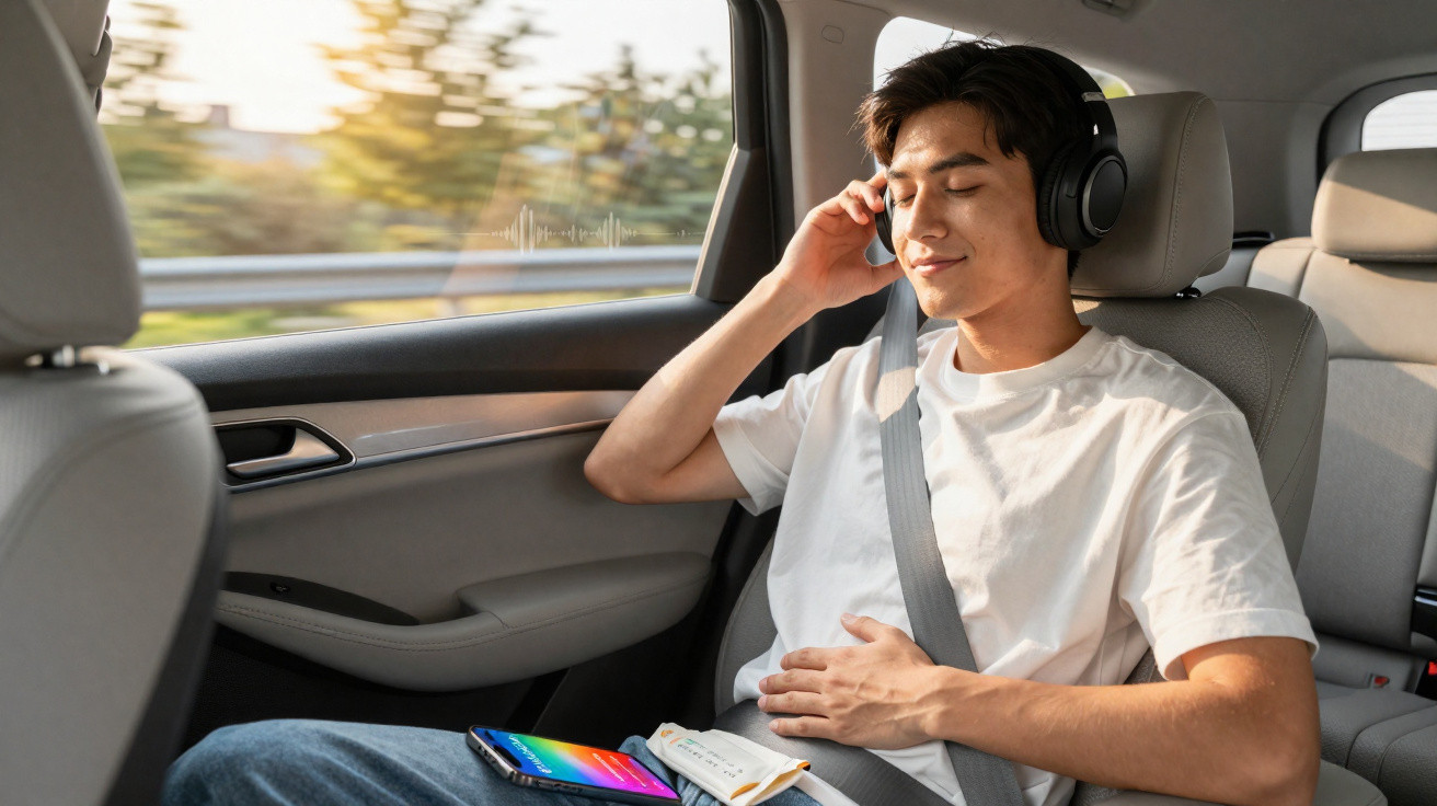 Jovem sentado no banco de trás de um carro, a ouvir música com auscultadores e relaxar.