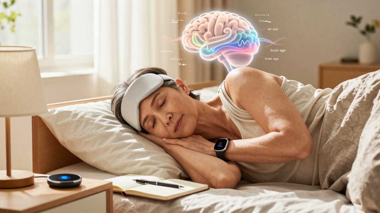 Mulher a dormir com máscara nos olhos, relógio inteligente, livro aberto e ilustração digital de cérebro flutuante.