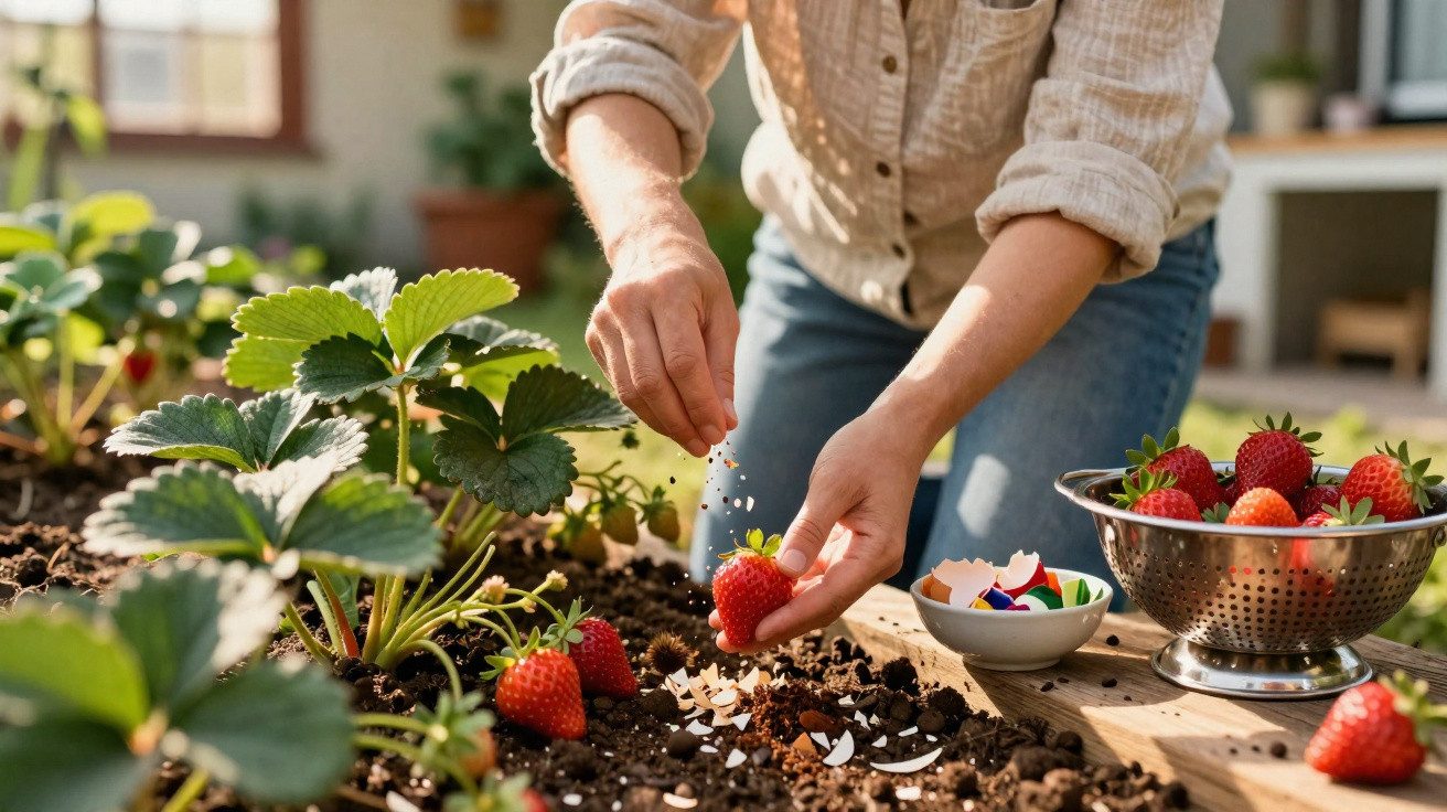 Pessoa a adubar plantas de morango com cascas de ovos numa horta caseira interior.