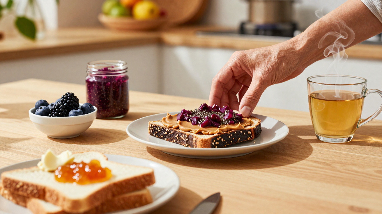 Mão a colocar frutos vermelhos numa tosta com manteiga de amendoim, chá quente e frutas na mesa de madeira.