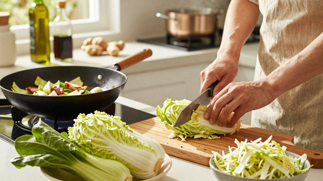 Pessoa a cortar legumes numa tábua de madeira numa cozinha luminosa com wok no fogão ao fundo.