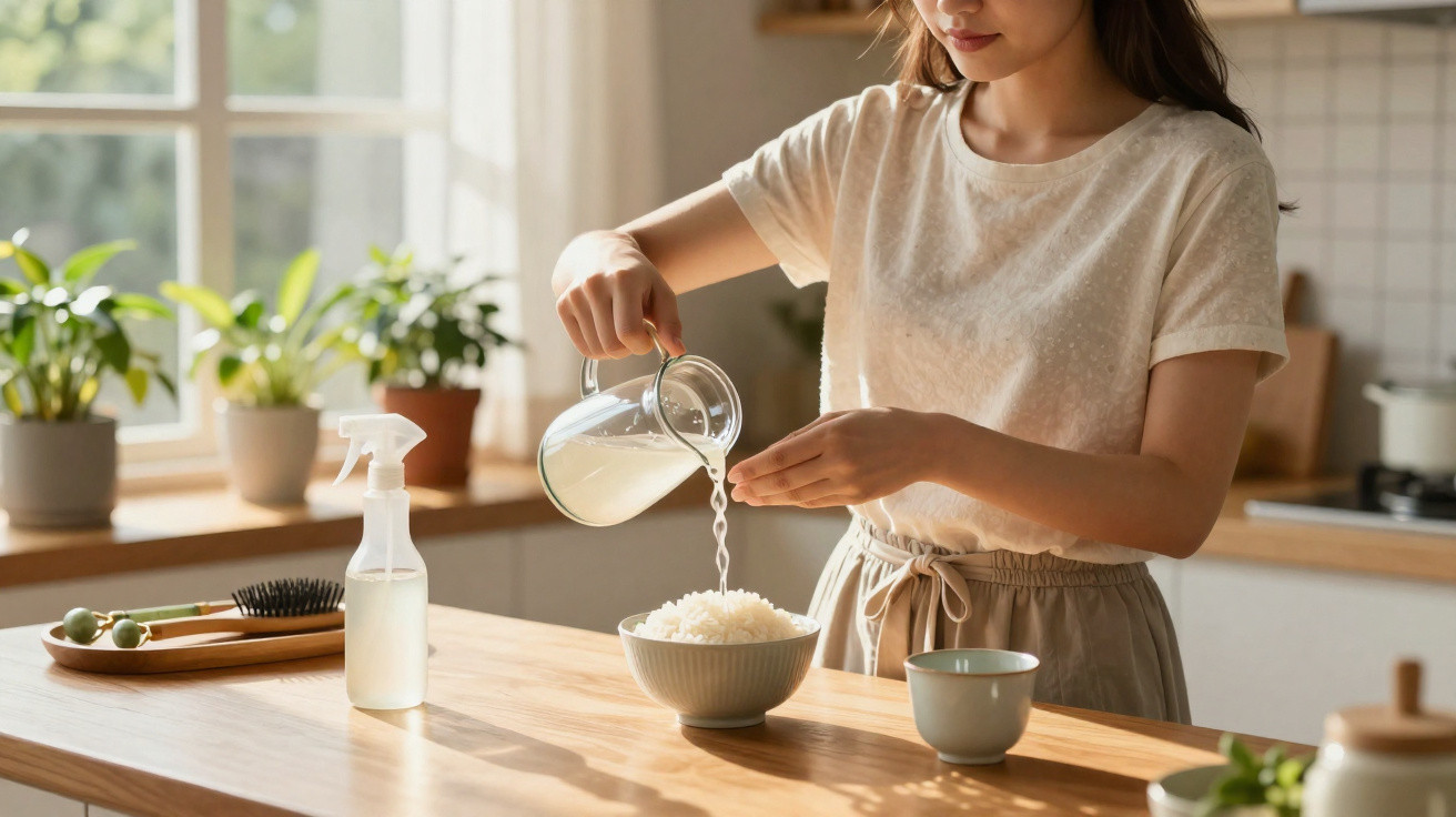 Mulher a verter líquido de jarro para taça com arroz numa cozinha luminosa com plantas na janela.