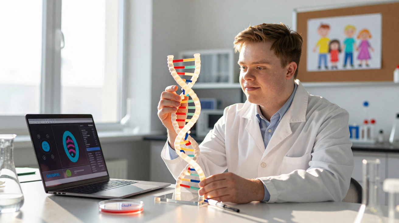 Cientista a examinar modelo de dupla hélice de ADN num laboratório com computador e material científico.