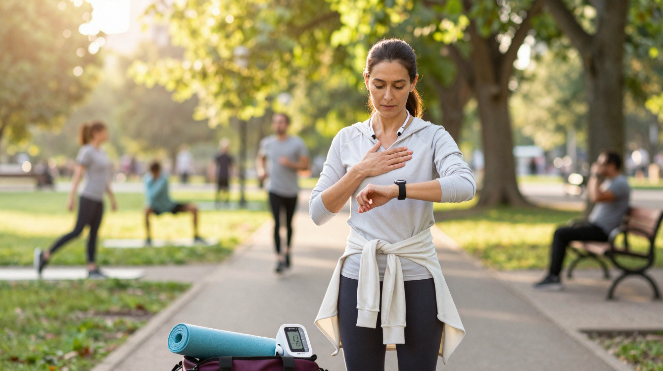 Mulher verifica relógio de fitness ao ar livre num parque com pessoas a correr e caminhar ao fundo.