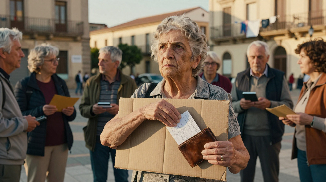 Idosa com olhar sério segura urna de voto enquanto outras pessoas idosas se preparam para votar ao ar livre.