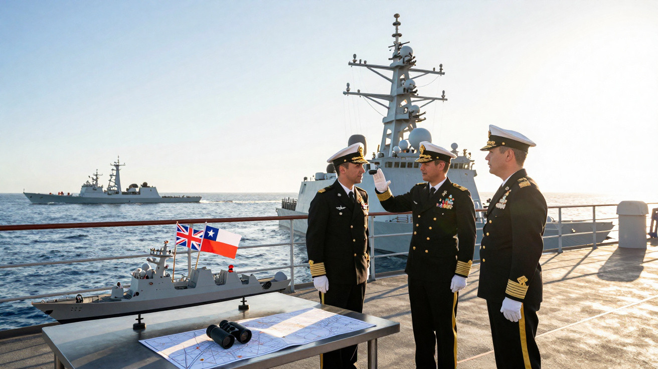 Três oficiais navais a bordo de um navio de guerra com um modelo de navio e mapas sobre a mesa, no mar.
