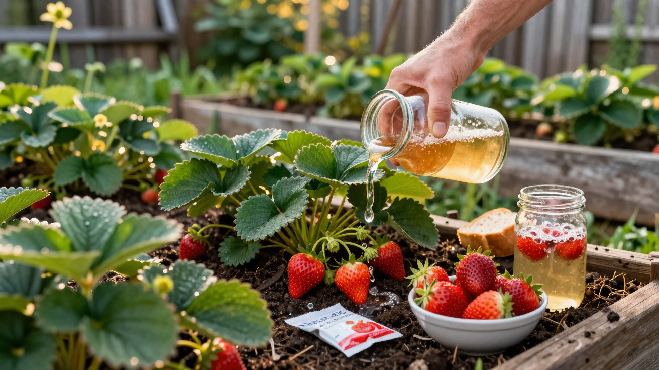 Pessoa a regar plantas de morango em canteiro com morangos maduros e bebida numa mesa de madeira.