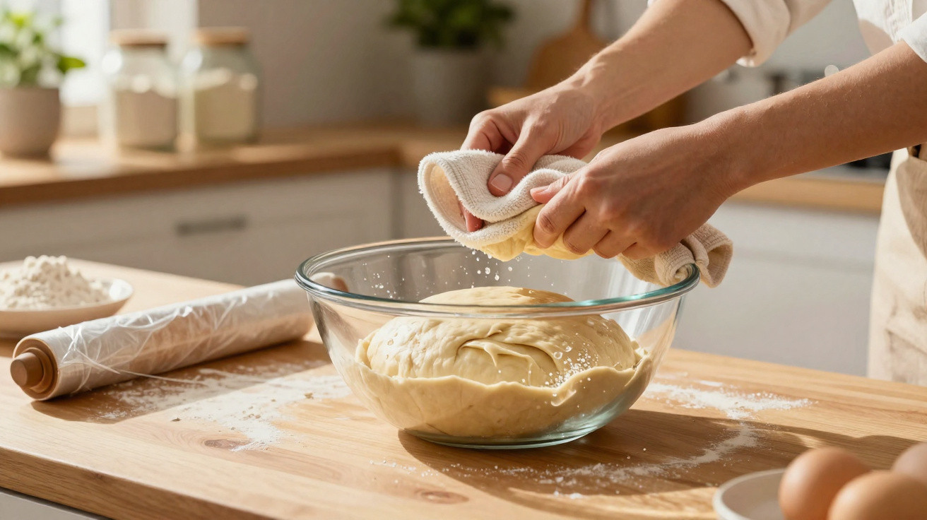 Mãos a espremer limão com pano sobre uma taça de vidro com massa na cozinha.