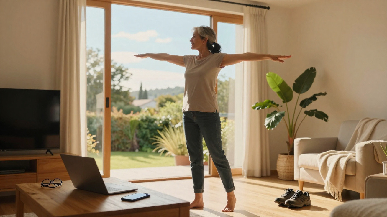 Mulher a fazer exercício de braços estendidos numa sala iluminada com vista para jardim.