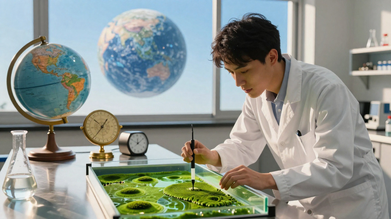 Cientista em bata branca manipula cultura de microrganismos verdes numa mesa com globo e relógios ao fundo.