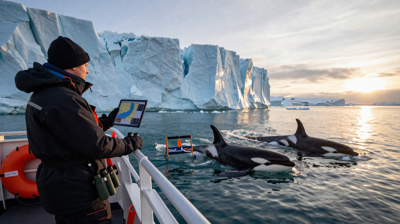 Homem em barco observa duas orcas nadando perto de icebergues grandes ao pôr do sol.