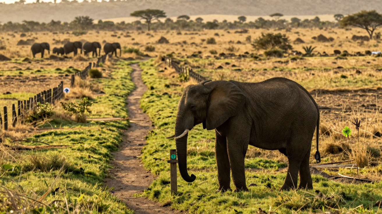 Elefante sozinho na beira de um caminho de terra, com manada e vegetação seca ao fundo numa savana.
