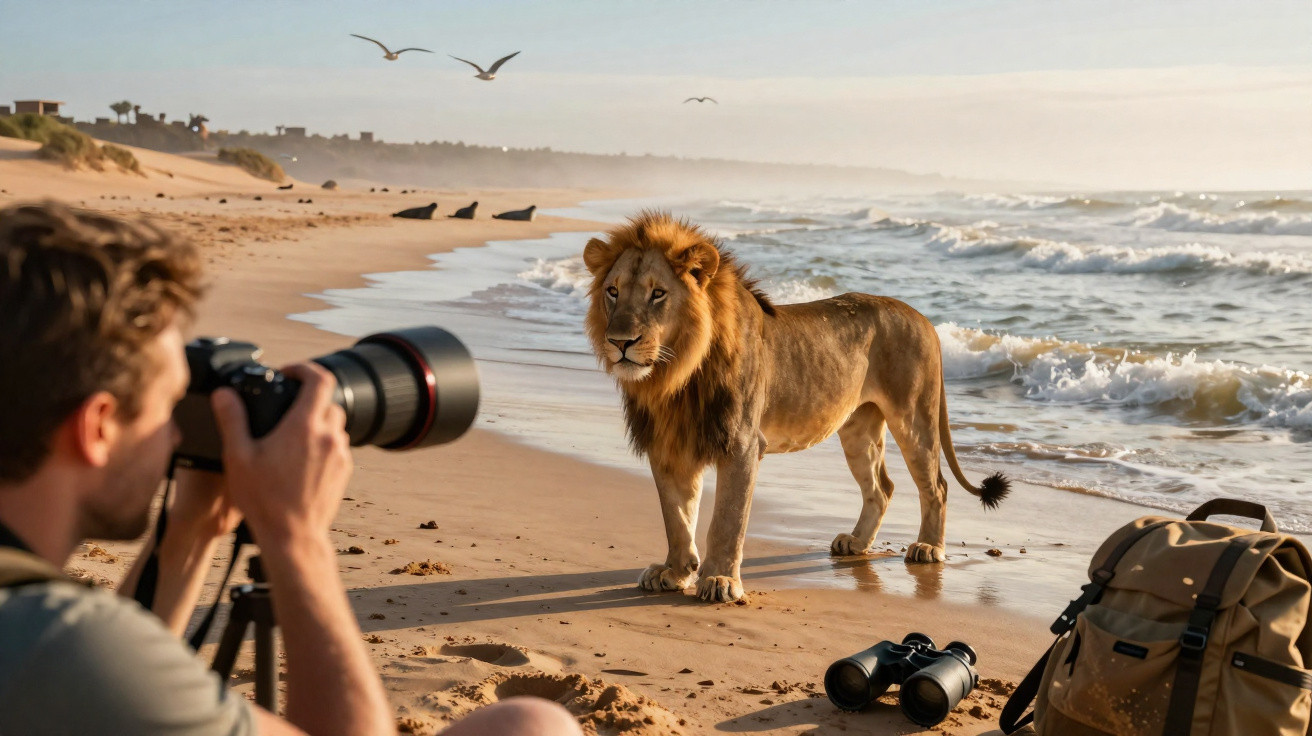 Fotógrafo a tirar fotos a um leão numa praia ao amanhecer com binóculos e mochila na areia.